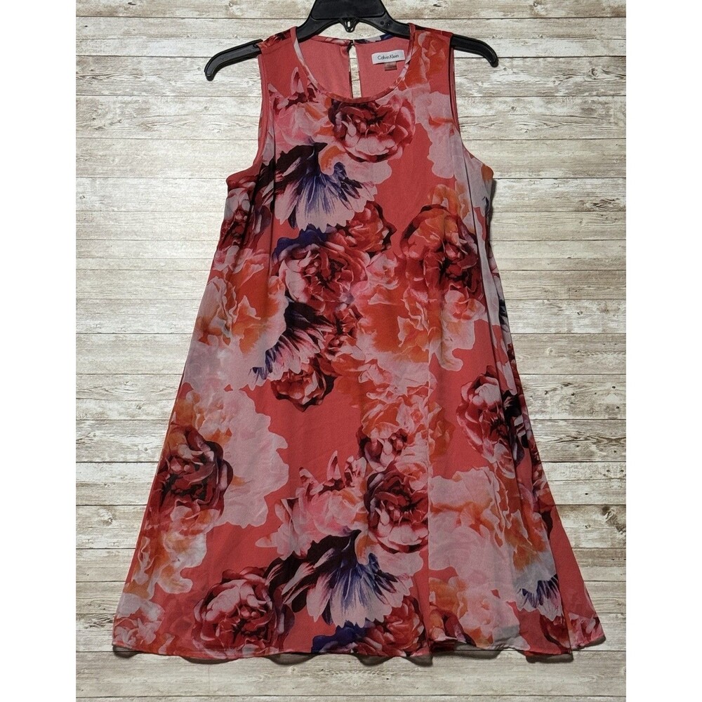 Calvin Klein Dress Red Floral Womens 12 Lined Midi Sleeveless 60s Cocktail